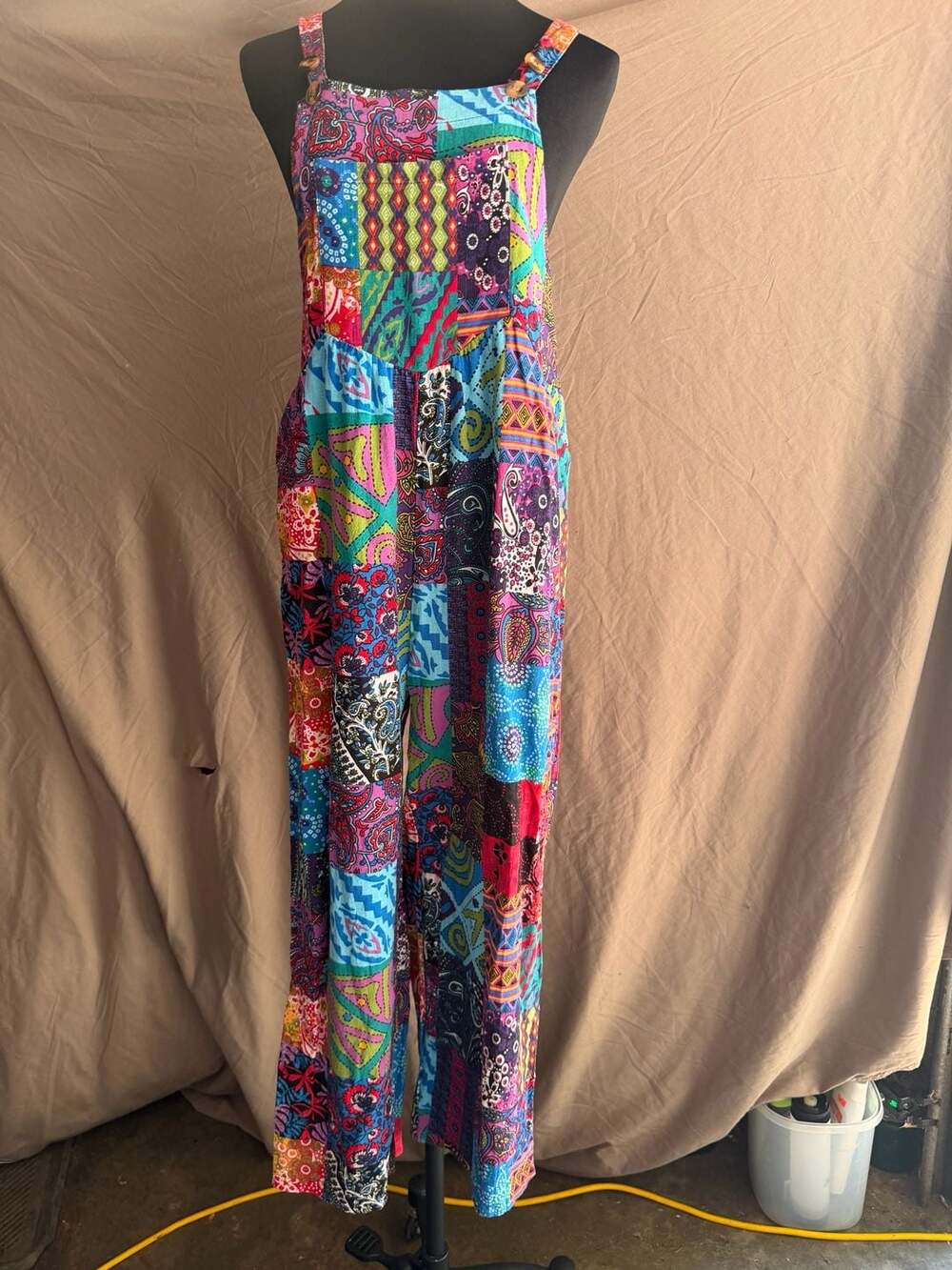 Boho Patchwork Wide Leg Bib Overall Jumpsuit with Pockets